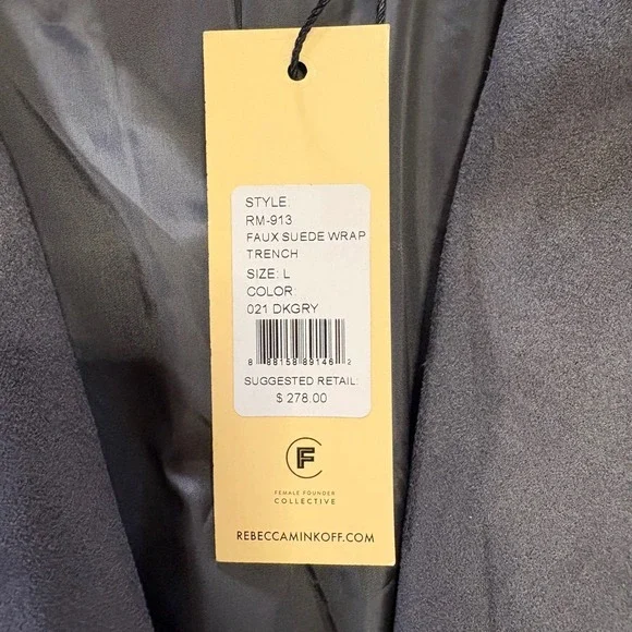 NWT Rebecca Minkoff Dark Gray Faux Suede Long Wrap Trench Coat Women's Large - Picture 6 of 8